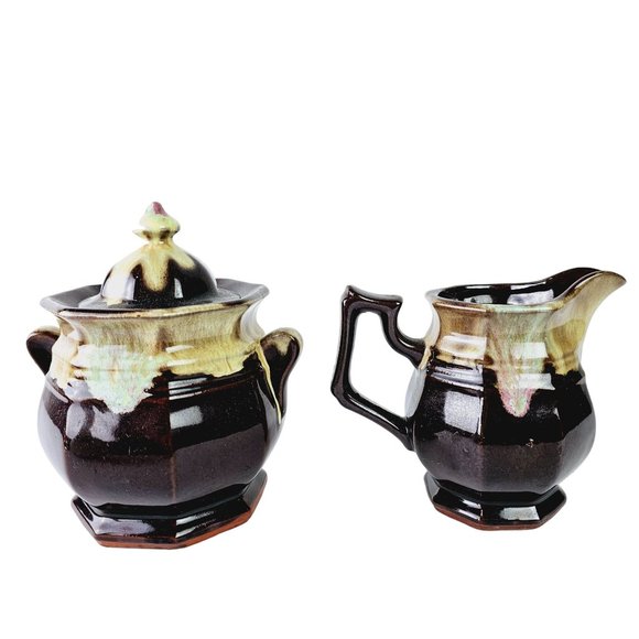 Vtg Van Briggle Glazed Drip Pottery Sugar Bowl & Creamer Set - Picture 3 of 10